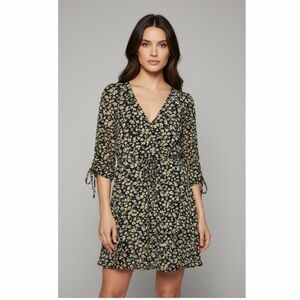 Hayden Los Angeles Boho Black Ditsy Tie Sleeve Ruched Floral Mini Dress Sz Small